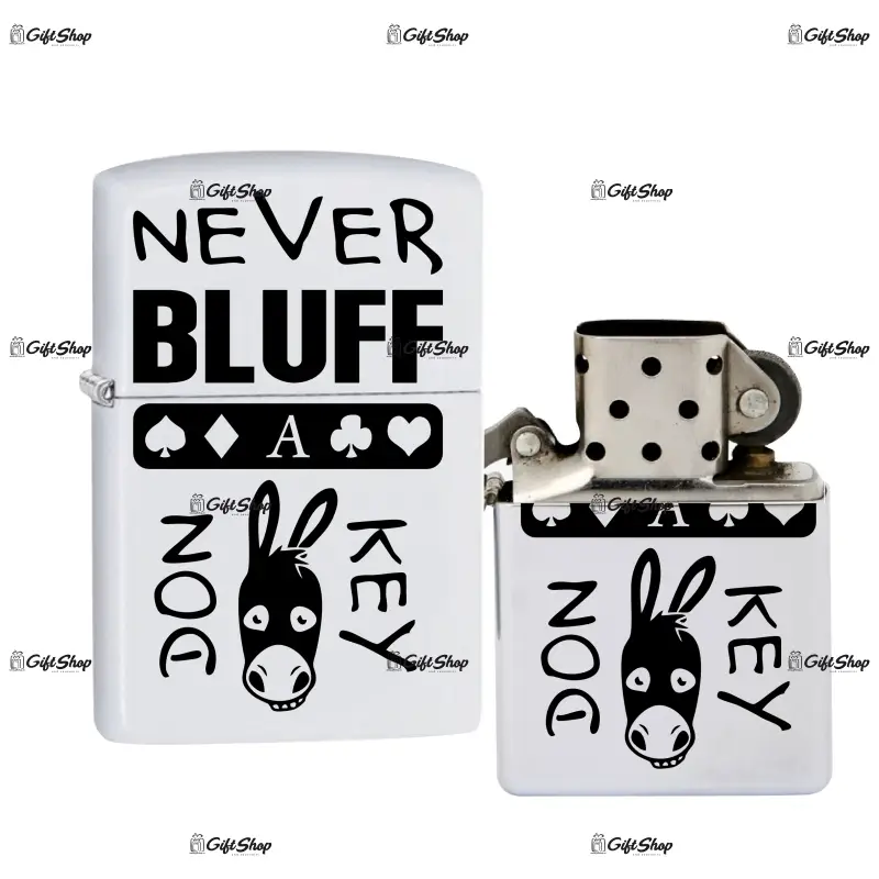 Never bluff a donkey bricheta metalica gravata laser cu mesaj